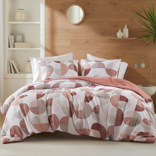 Full/Queen Size Comforter Set, Terracotta Bedding Set for All Seasons, 3-Piece round Geometric Print Bedding Comforter Set