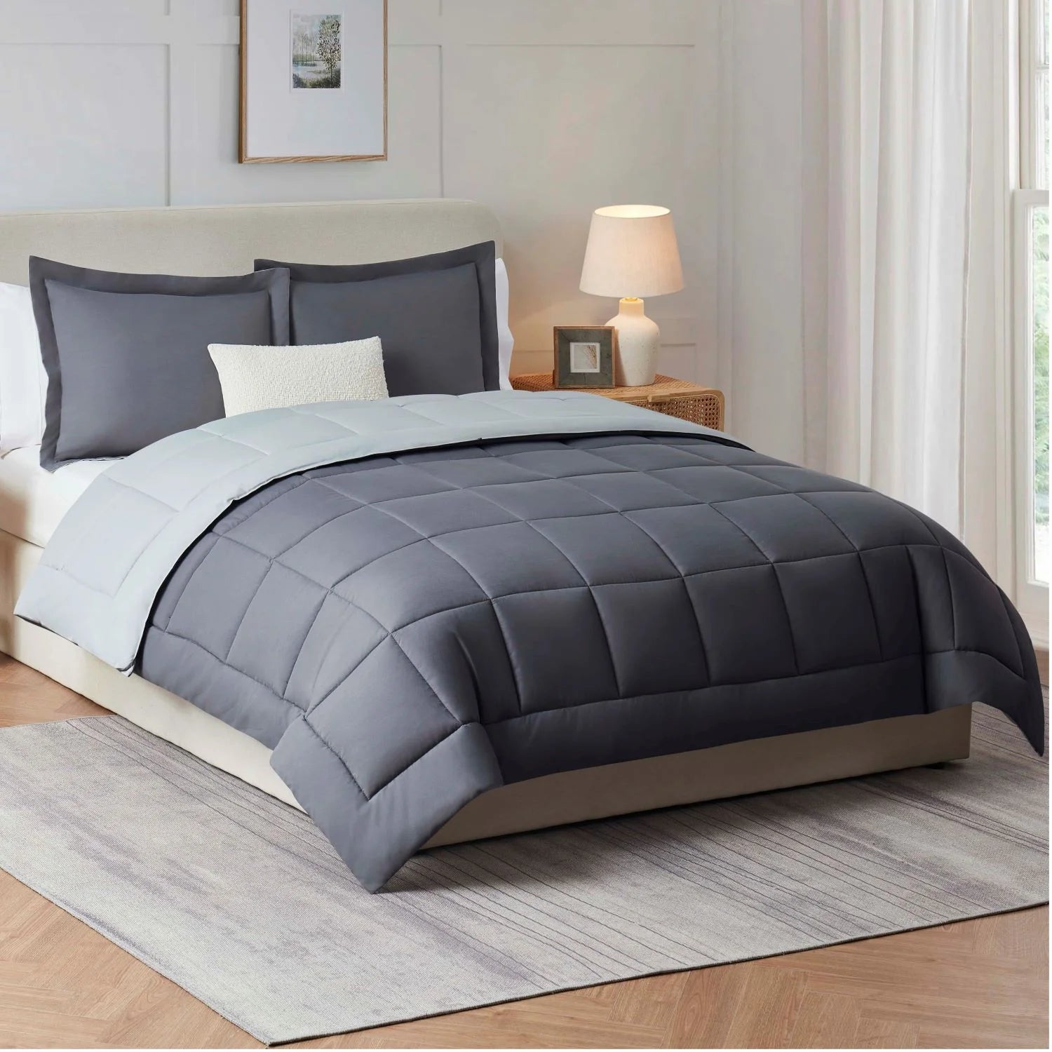 King Size Comforter Set, 3 Piece Bed in a Bag, Reversible down Alternative Bedding Set, Gray & Light Gray