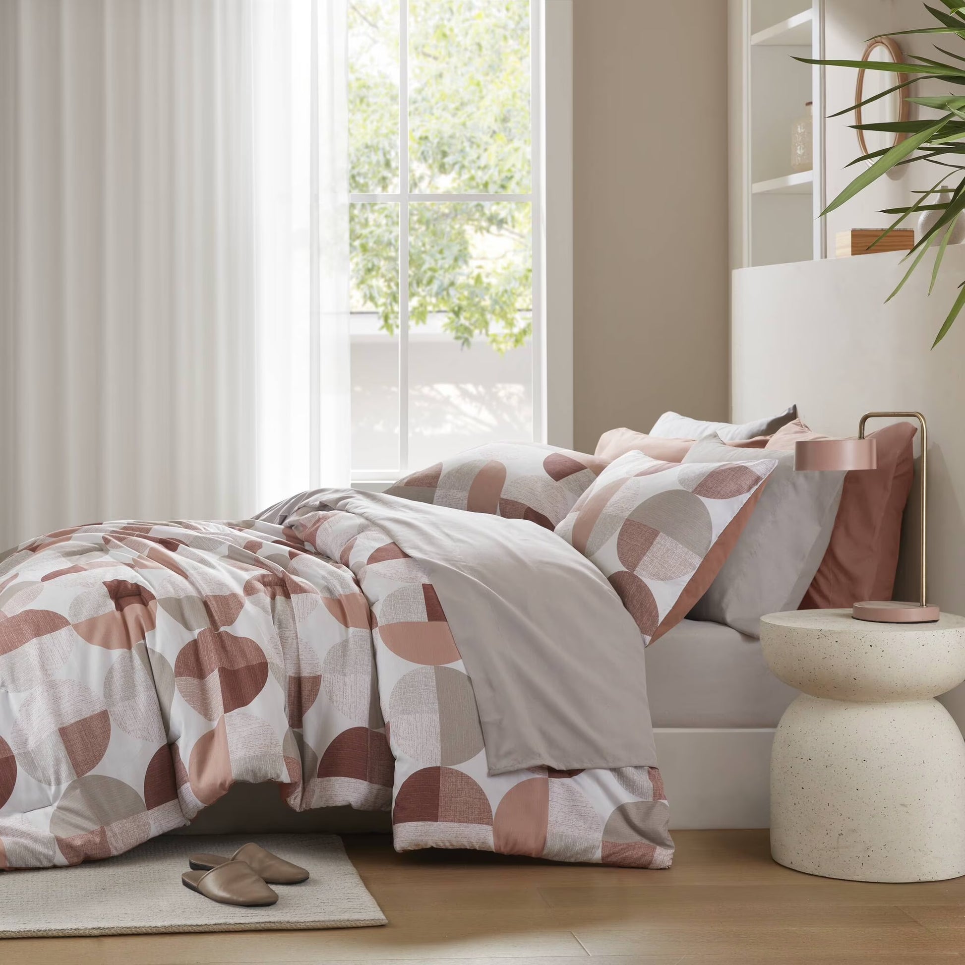Full/Queen Size Comforter Set, Terracotta Bedding Set for All Seasons, 3-Piece round Geometric Print Bedding Comforter Set