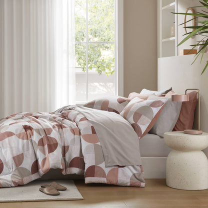 Full/Queen Size Comforter Set, Terracotta Bedding Set for All Seasons, 3-Piece round Geometric Print Bedding Comforter Set