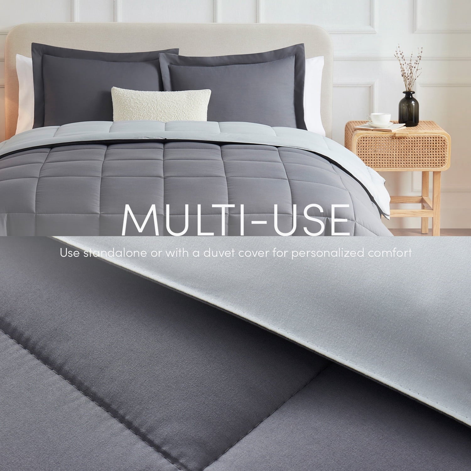 King Size Comforter Set, 3 Piece Bed in a Bag, Reversible down Alternative Bedding Set, Gray & Light Gray