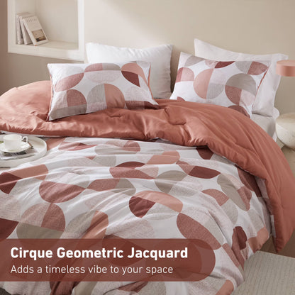 Full/Queen Size Comforter Set, Terracotta Bedding Set for All Seasons, 3-Piece round Geometric Print Bedding Comforter Set