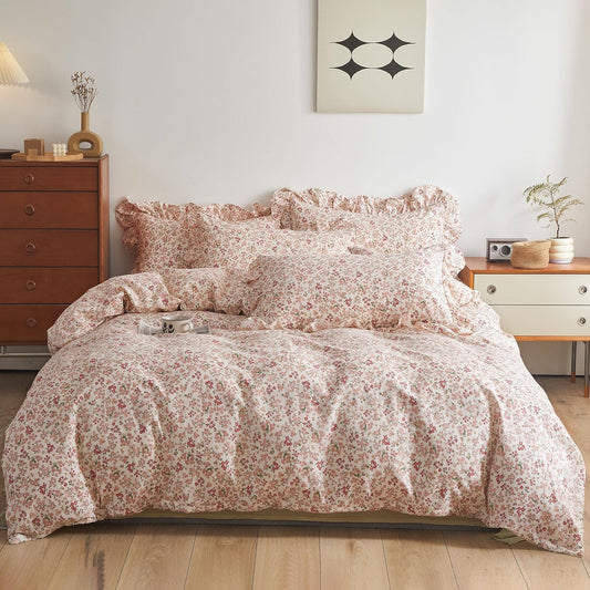 Pink Red Flower Comforter Set King Vintage Garden Style Blooming Floral Comforter with 2 Ruffle Pillowcases Aesthetic Floral Bedding Set Soft Fluffy Cottagecore Comforter Set for Girls Women