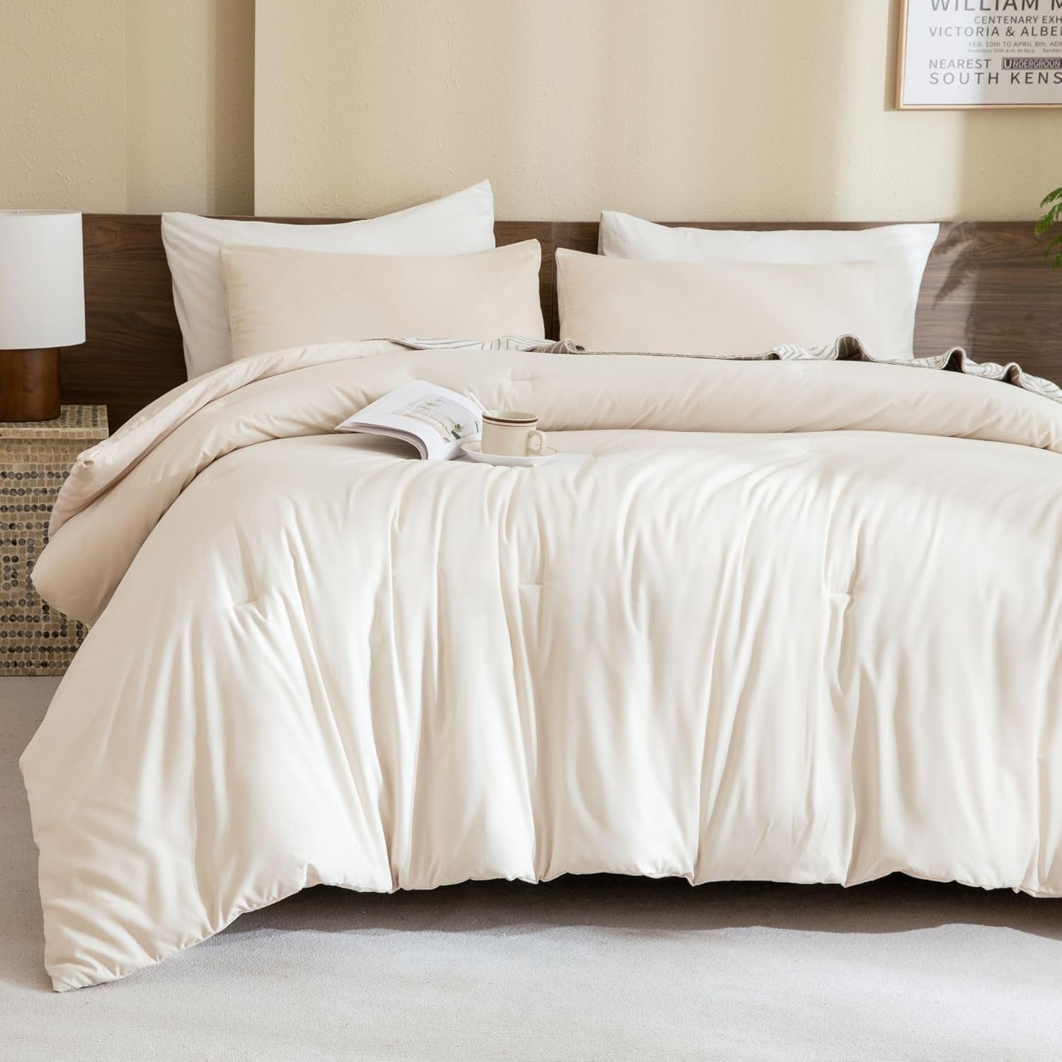 Beige Comforter Set Queen Size, Cream 3 Pieces Comforter Set, Lightweight Solid Neutral Bedding Set, All Seasons Soft Breathable Boho Queen Comforter Set (90X90In Comforter & 2 Pillowcases)