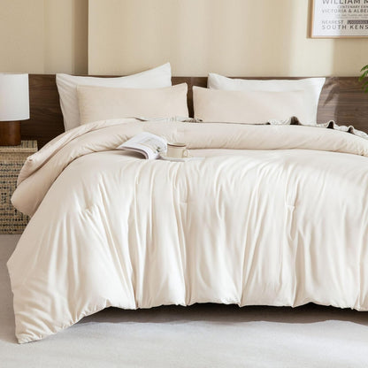Beige Comforter Set Queen Size, Cream 3 Pieces Comforter Set, Lightweight Solid Neutral Bedding Set, All Seasons Soft Breathable Boho Queen Comforter Set (90X90In Comforter & 2 Pillowcases)