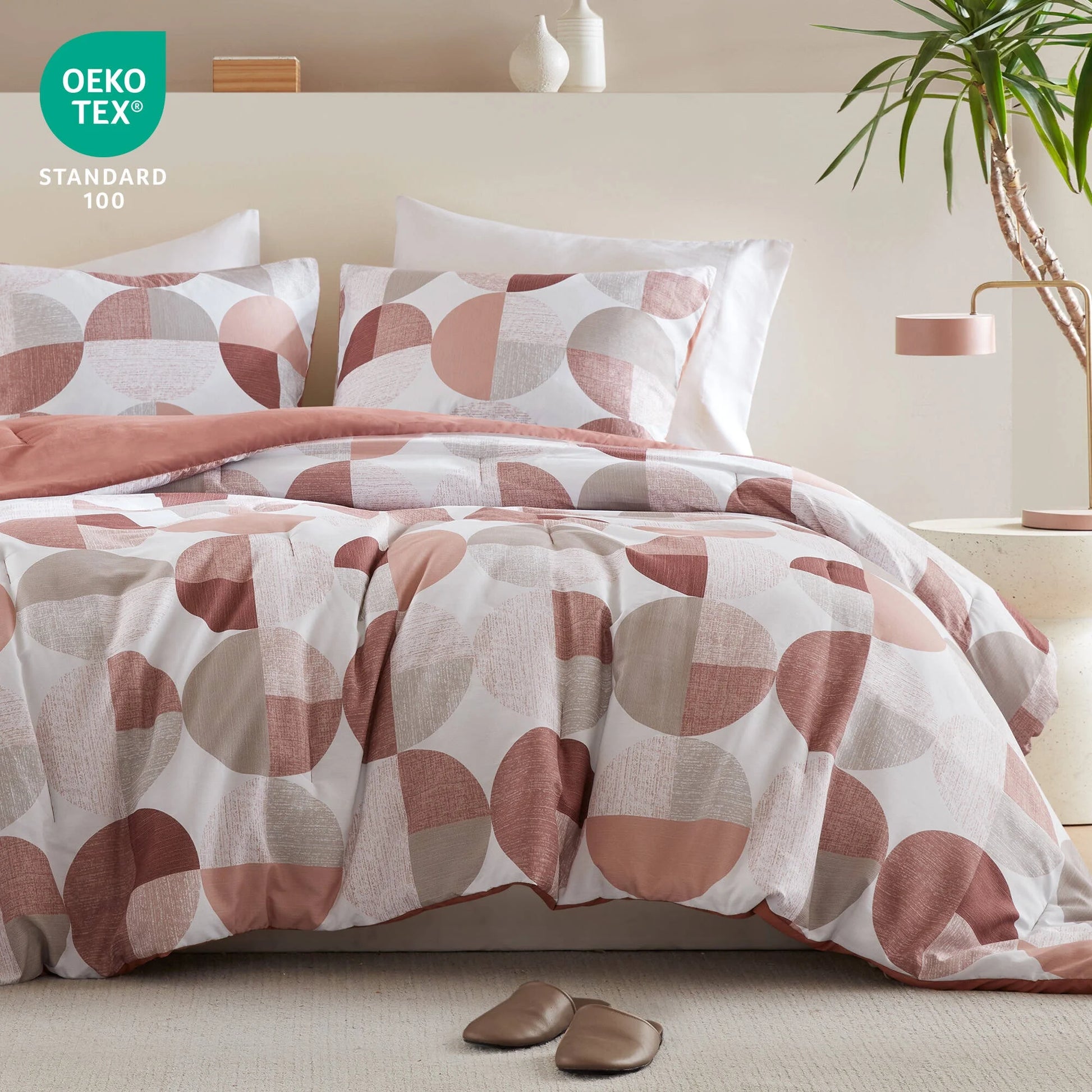 Full/Queen Size Comforter Set, Terracotta Bedding Set for All Seasons, 3-Piece round Geometric Print Bedding Comforter Set