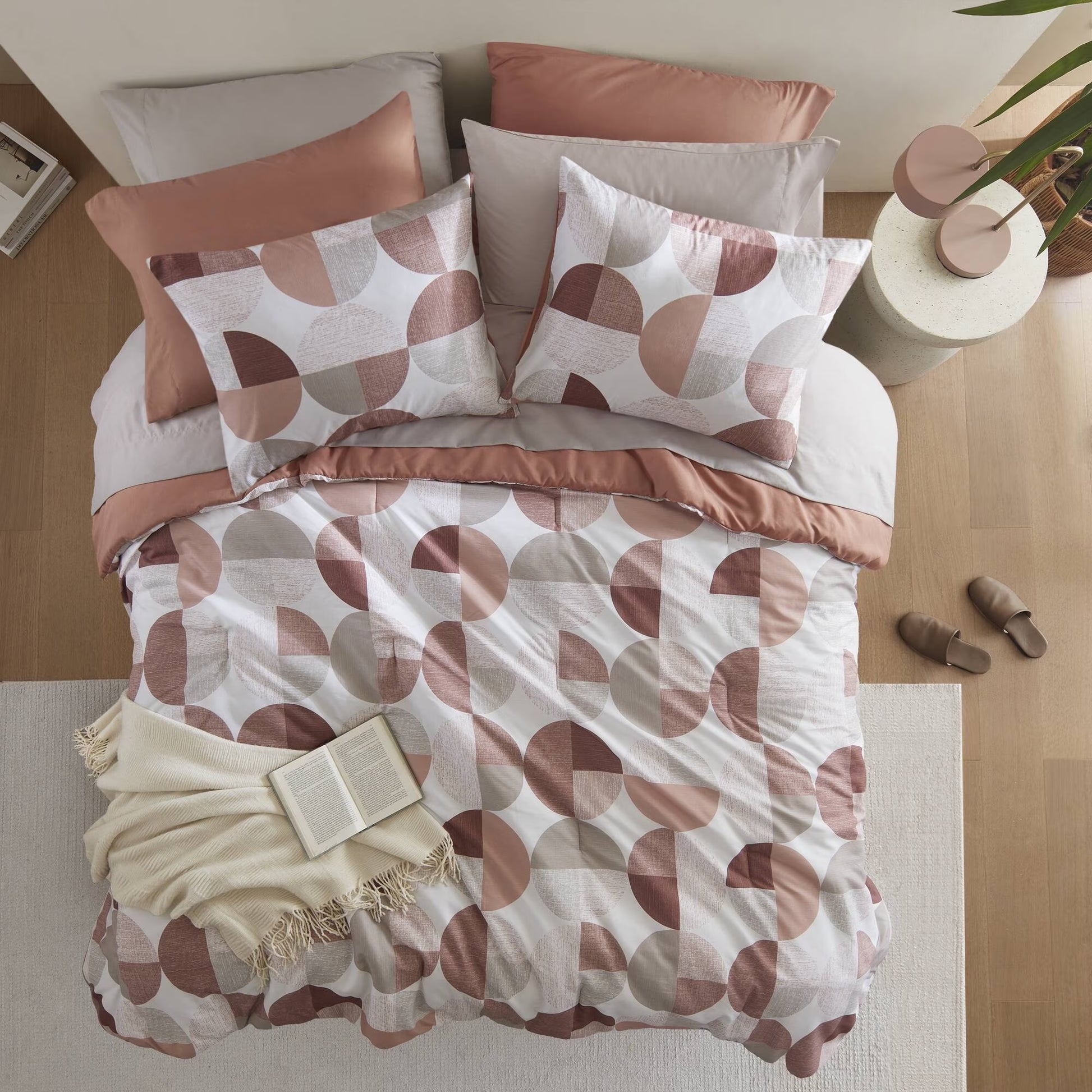 Full/Queen Size Comforter Set, Terracotta Bedding Set for All Seasons, 3-Piece round Geometric Print Bedding Comforter Set