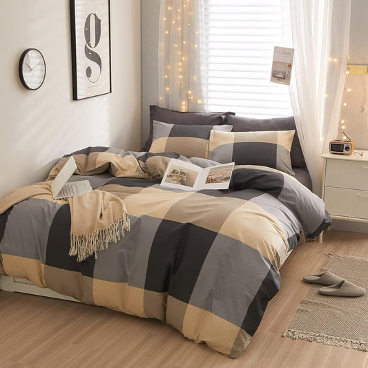 Vintage Style Brown&Black Buffalo Plaid Comforter Set Queen Boy Men Fluffy Retro Checkered Plaid Bedding Comforter with 2 Pillowcases Farmhouse Geometric Bedding Set for All-Season