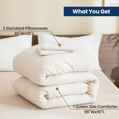 Beige Comforter Set Queen Size, Cream 3 Pieces Comforter Set, Lightweight Solid Neutral Bedding Set, All Seasons Soft Breathable Boho Queen Comforter Set (90X90In Comforter & 2 Pillowcases)