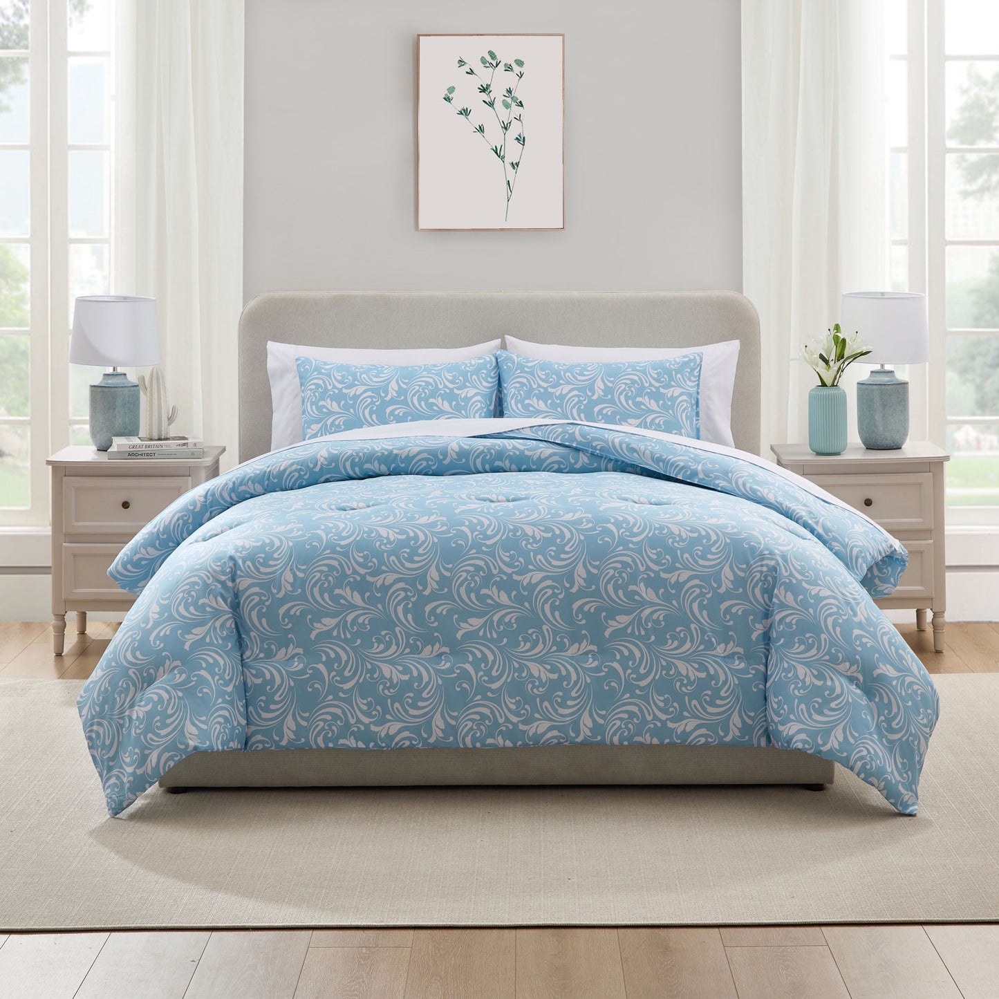 Queen Comforter Set, Biomorphic Design Queen Size Comforter Set, 7-Pc All Season Bedding Comforter Set, Blue