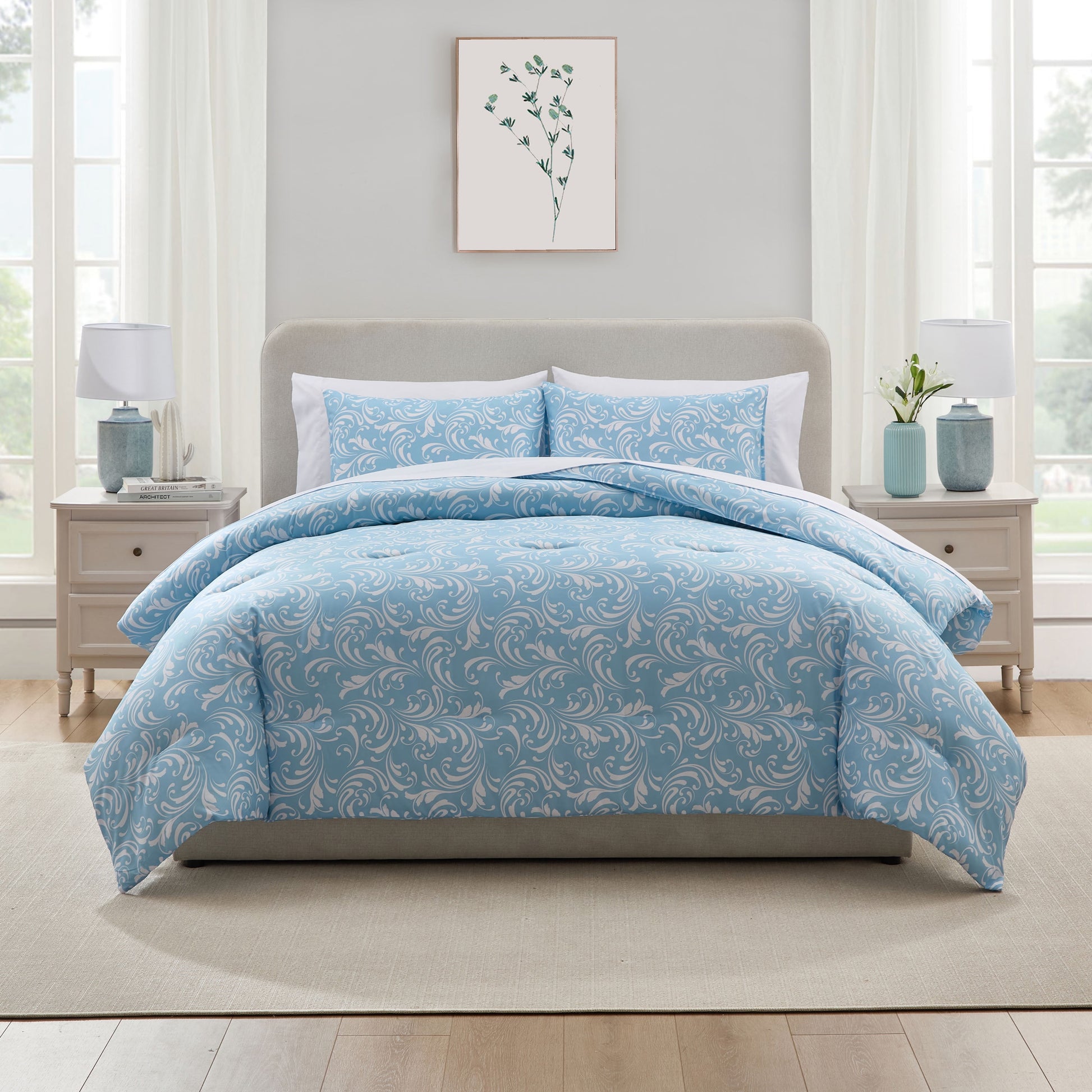 Queen Comforter Set, Biomorphic Design Queen Size Comforter Set, 7-Pc All Season Bedding Comforter Set, Blue
