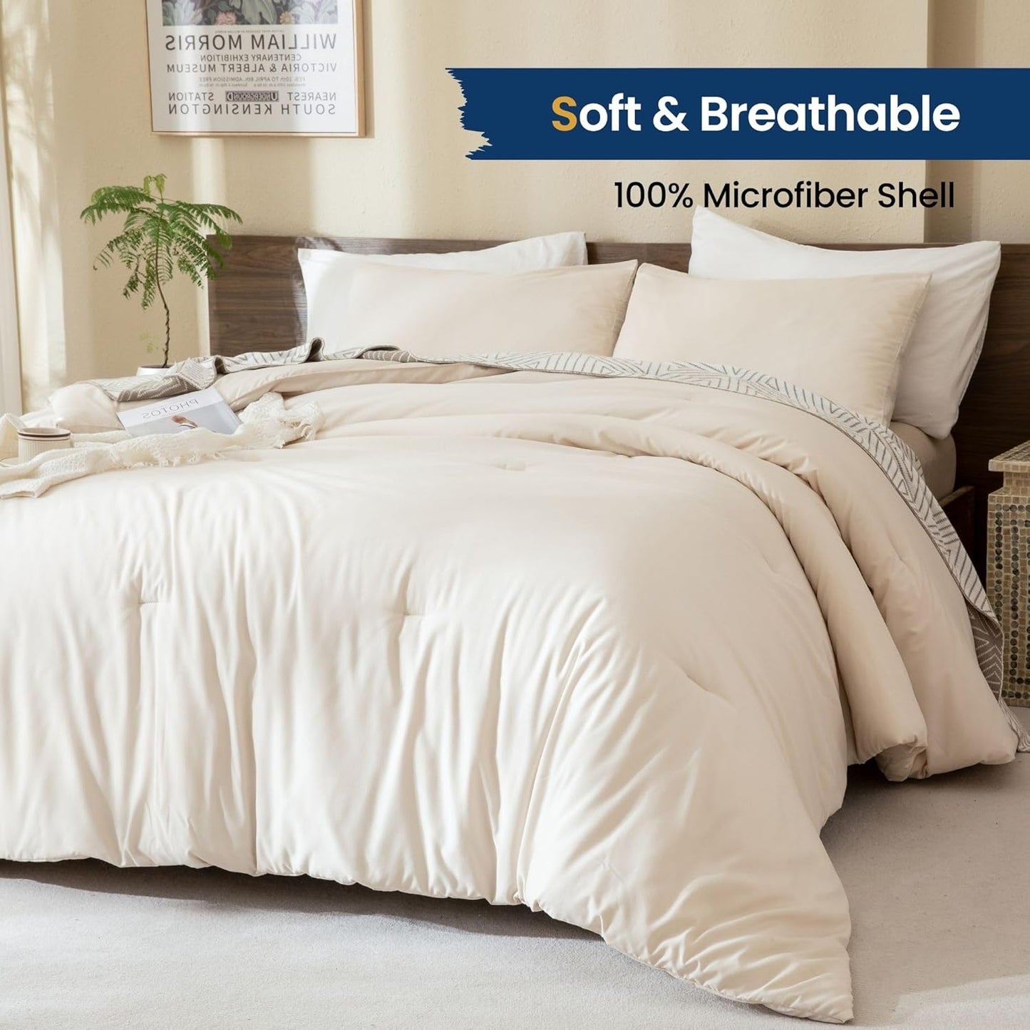 Beige Comforter Set Queen Size, Cream 3 Pieces Comforter Set, Lightweight Solid Neutral Bedding Set, All Seasons Soft Breathable Boho Queen Comforter Set (90X90In Comforter & 2 Pillowcases)