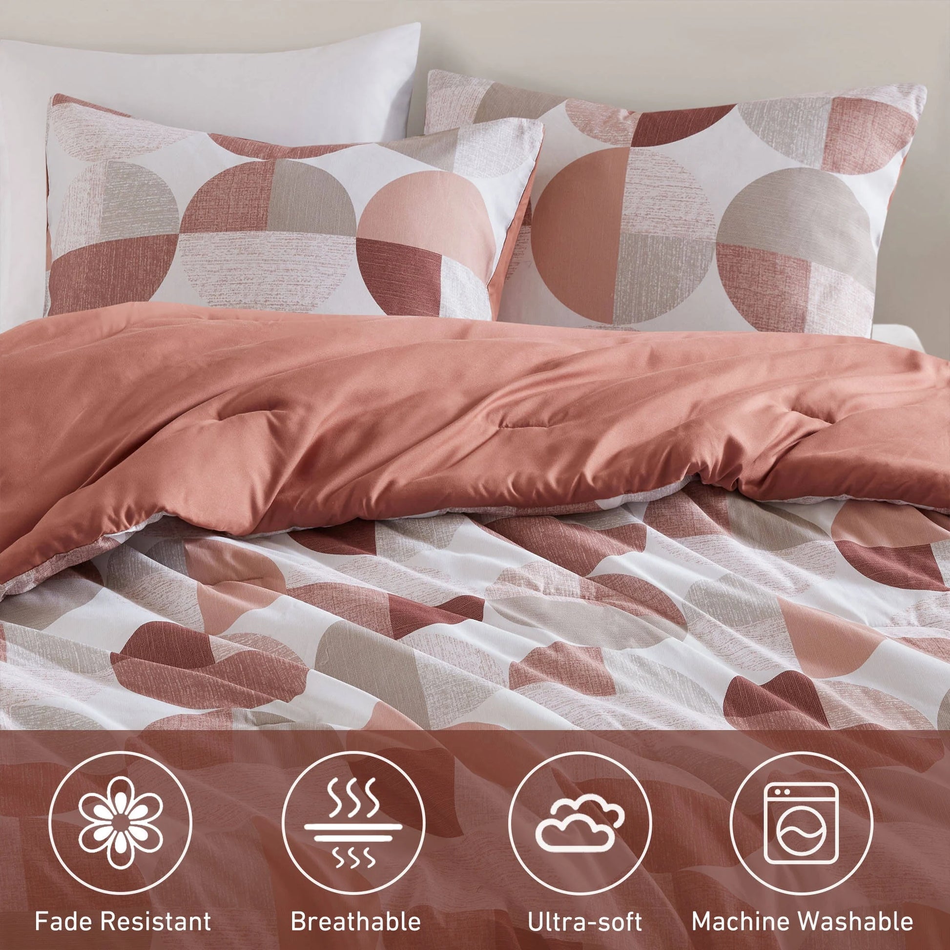 Full/Queen Size Comforter Set, Terracotta Bedding Set for All Seasons, 3-Piece round Geometric Print Bedding Comforter Set