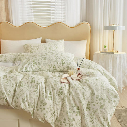 Fresh Green Floral Comforter Set Queen White Fluffy Soft Microfiber Chic Garden Floral Bedding Queen Bed Comforter and 2 Pillowcases Reversible Vintage Botanical Comforter Set for All-Season