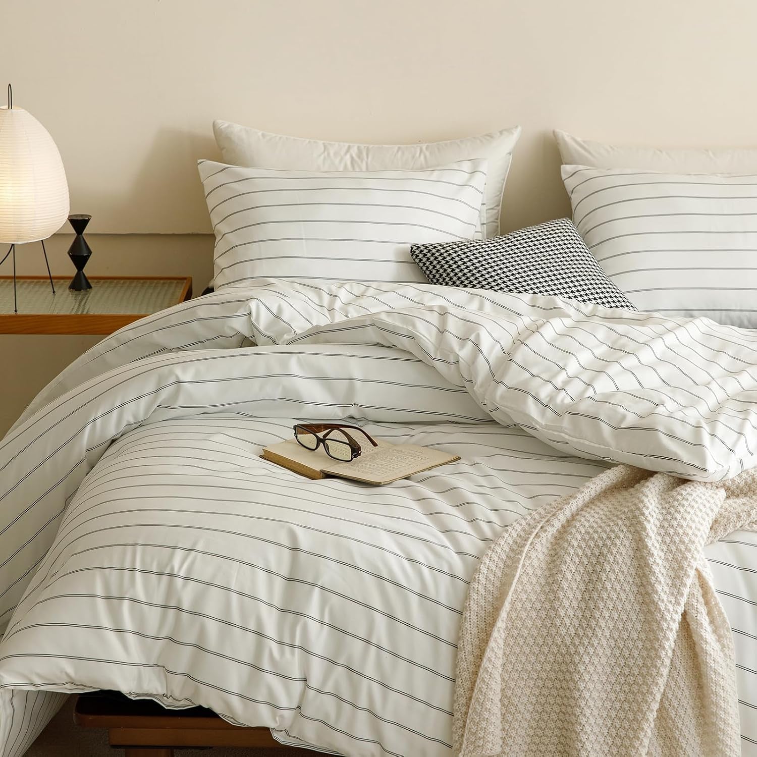 Striped Queen Comforter Set White Black Bedding Comforter Sets White Queen Comforter Soft Farmhouse Comforter with 2 X Pillow Cases